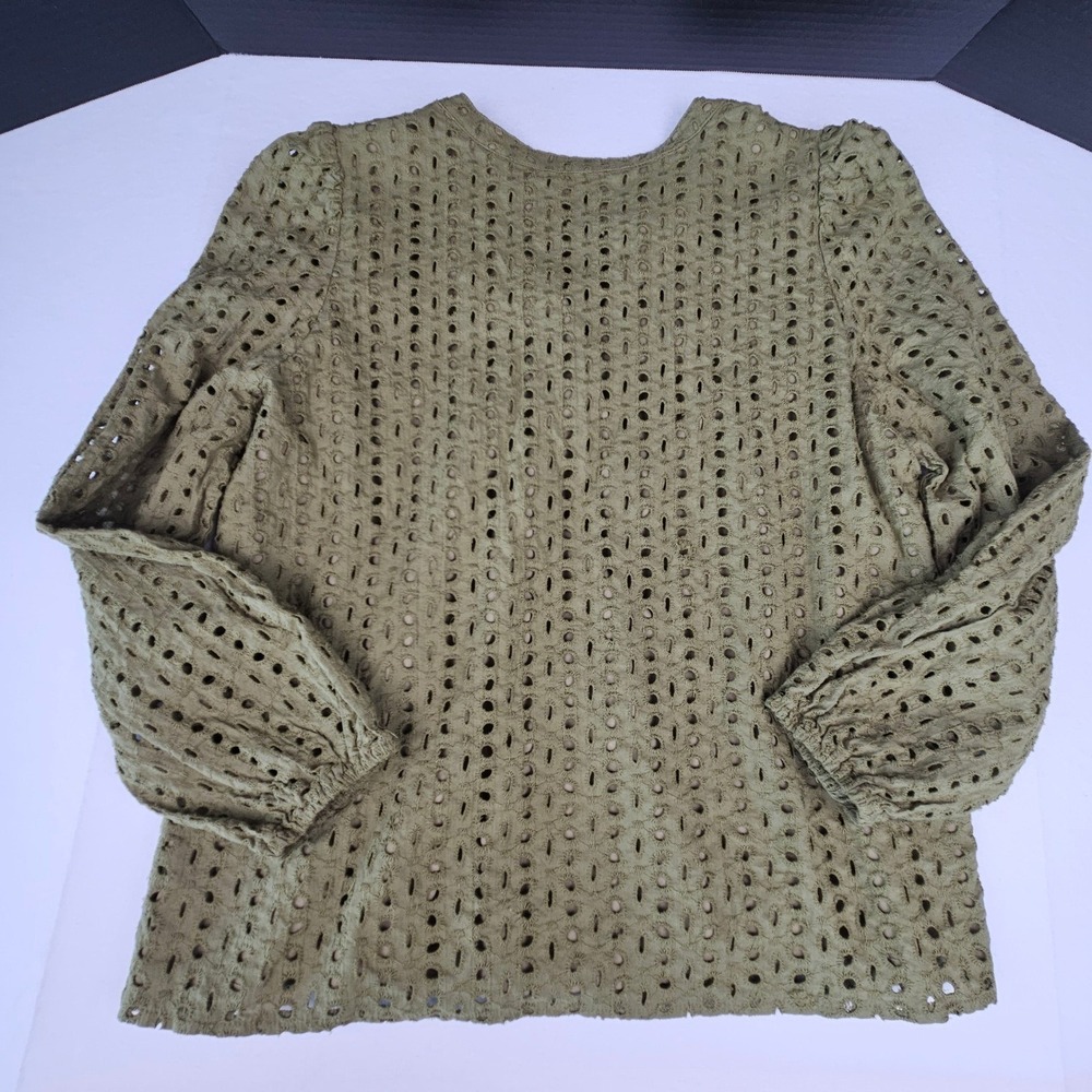 Merokeety Women Olive Green Eyelet Embroidered Split Neck Long Sleeve Blouse L - Picture 6 of 9